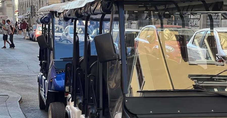 Rome: Golf Cart Big group Tour - Food and drink moments: tiramisu, Roman cristal water, and gelato