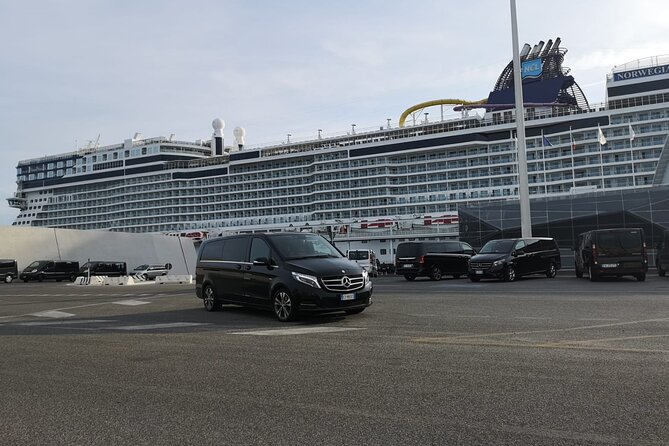 Transfer from Rome to Civitavecchia - On the road: monuments from the window, hills, and sea approaches